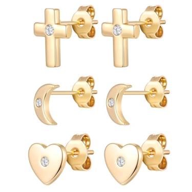 Imagem de Gemsme Conjunto de 3 pares de brincos pequenos de ouro para mulheres/homens, banhados a ouro 18 K, hipoalergênicos, delicados, zircônia cúbica para presente de joias, Latão, Zircônia cúbica