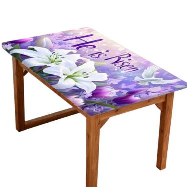 Imagem de Toalha de mesa retangular com borda elástica, flor de Páscoa He Is Risen, toalha de mesa dobrável para piquenique ao ar livre para mesas de 1,2 m, impermeável à prova de óleo, para cozinha, jantar, 76