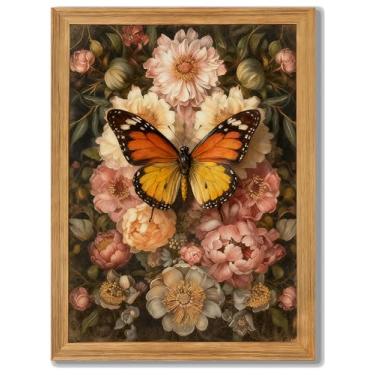 Imagem de Arte de parede de borboleta botânica retrô de 30,5 x 40,6 cm, impressão floral com peônia rosa, moderno, abstrato, inseto, rústica, decoração de casa, para sala de jantar, sala de estar, quarto