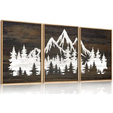 Imagem de LHIUEM Conjunto de arte de parede em tela emoldurada de árvore de montanha grande, impressão de arte de floresta branca moderna, decoração de parede de madeira minimalista, casa de fazenda, arte zen
