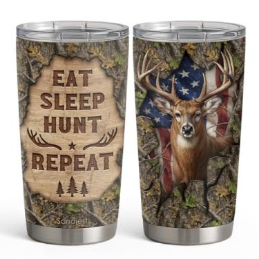 Imagem de Copo de caça 590 ml, copo de viagem de aço inoxidável com tampa, caneca de café com isolamento repetido Eat Sleap Hunt, presentes de caça para homens, amigos, pai, avô, aniversário, Natal
