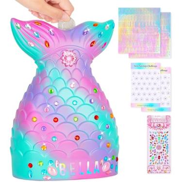 Imagem de MHJY Cofrinho inquebrável cofre de moedas sereia com adesivos faça você mesmo, decoração de casa para crianças, meninas, aniversário, Páscoa, rosa roxa