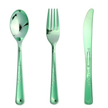Imagem de Pacote com 180 talheres descartáveis de plástico verde contém 60 garfos, 60 colheres, 60 facas, conjunto de talheres de plástico sólido e durável, perfeito para festas, casamentos.