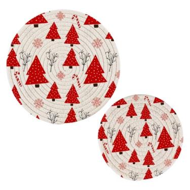 Imagem de Wassud Conjunto de trivet vermelho de árvore de Natal para pratos quentes, suportes de panela redondos, almofadas quentes de algodão, porta-copos elegantes, decoração de cozinha e acessórios, 2 peças