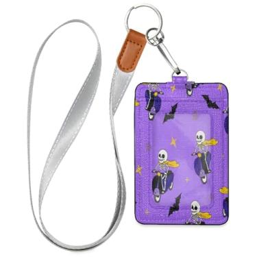 Imagem de Wassud Suporte de crachá de couro PU com cordão, porta-cartão de identificação para trabalho, cordão de pescoço com compartimentos para cartões de crédito, funcionários, estudantes, 39,9 cm