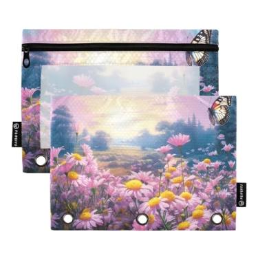 Imagem de Wassud Bolsa de lápis para fichário de 3 anéis, bolsa transparente com zíper suave borboletas em pasta de campo de flores, estojo de lápis para fichário, pacote com 2