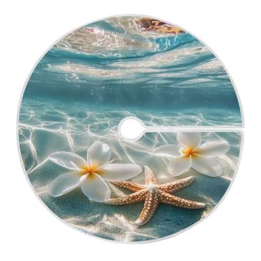 Imagem de CEBUGI Saia de árvore de Natal de 89,9 cm, tapete redondo macio com cordão, estrela-do-mar e flores de plumeria branca, saia de árvore para decoração de Natal, Halloween, férias em casa