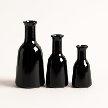 Imagem de Kit Trio 3 Vasos Cerâmica Decorativo Centro De Mesa Sala enfeite rack sala Cozinha(Preto Brilhante)