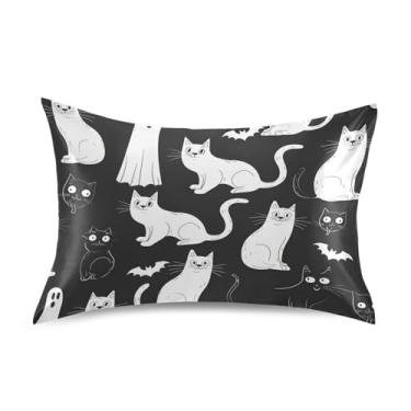 Imagem de Fronha de almofada de seda para pele e cabelo, extra macia, resistente a rugas e desbotamento com fecho de envelope (tamanho padrão, 76 x 50 cm) | Gato preto e branco