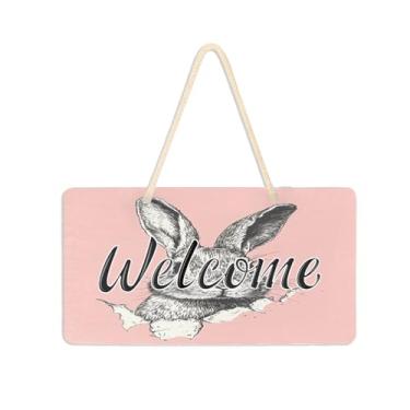 Imagem de Burbuja Placa de boas-vindas Rabbit Peeks From Torn Paper para porta da frente, placa de boas-vindas de PVC para pendurar na parede, decoração de férias, 15 x 28 cm