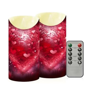 Imagem de Wassud Pacote com 2 unidades de coração vermelho (3) velas sem chama com controle remoto, velas realistas cintilantes com temporizador, velas decorativas para Natal, casamento, festa, decoração de