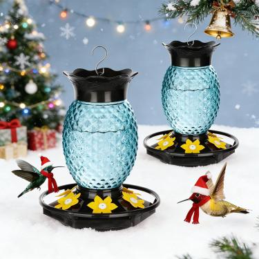 Imagem de Fchstaer Alimentadores de vidro para beija-flor para uso ao ar livre, à prova de formigas e abelhas, pacote com 2, alimentador de beija-flor azul com 6 portas de alimentação e fosso de formiga