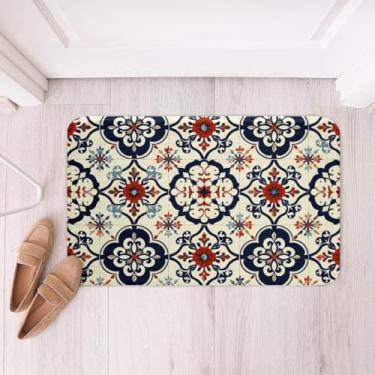 Imagem de Erosebridal Tapete de banho de azulejo mexicano, tapetes de banheiro coloridos de azulejo Talavera para crianças e adultos, tapete de banho floral vintage boho 40,6 cm x 61 cm, capacho étnico mexicano