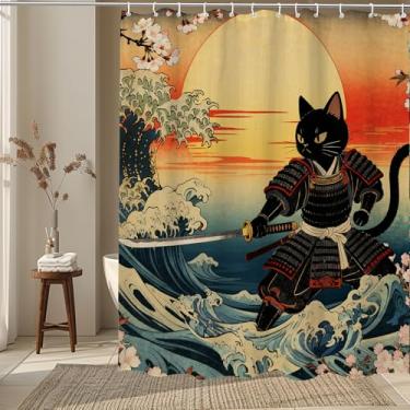 Imagem de VAVBYE Cortina de chuveiro de gato japonês engraçado samurai gato ondas sol flor de cerejeira, cortina de chuveiro de tecido anime japonês para decoração de banheiro 182 x 182 cm
