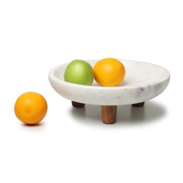 Imagem de LAVAUK Tigela de frutas de mármore com três pernas de madeira | fruteira de 30 cm de diâmetro para balcão de cozinha | Use como peça central para mesa de jantar, tigela chave para mesa de entrada ou