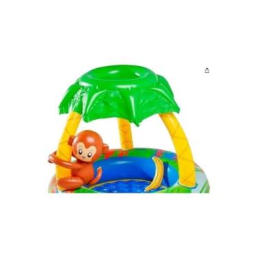 Imagem de Piscina Inflável com Cobertura 53 Litros, Estampa Tropical com Macaquinho 3D, 102cm Diâmetro x 80cm Altura, Material PVC, Redonda