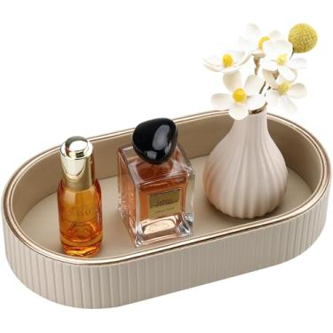 Imagem de Bandeja oval para perfume, organizador de mesa de cabeceira de couro, bege