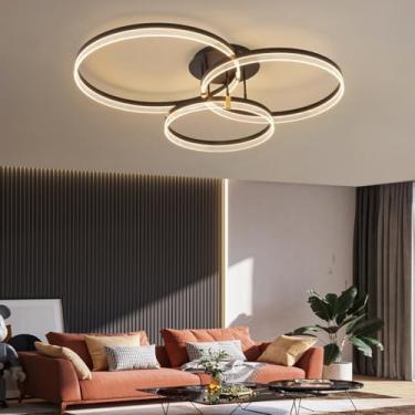 Imagem de Luminária de teto LED moderna para sala de jantar, 120W, dimerizável, embutida, com controle remoto, 3 anéis, em acrílico marrom, lustre LED para sala de estar, quarto e cozinha (60c)