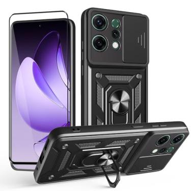 Imagem de CNPUTAO Capa para Oppo Reno 14 5G com protetor de tela de vidro temperado, janela deslizante para câmera, suporte, capa de telefone de camada dupla antiarranhões à prova de choque, preta
