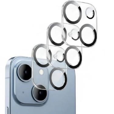 Imagem de Pacote com 3 protetores de lente de câmera para iPhone 15/iPhone 15 Plus, vidro temperado, dureza 9H, ultra HD, antiarranhões, compatível com capas, não afeta fotos noturnas