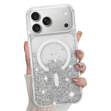 Imagem de Bonoma Capa para iPhone 17 Pro 2025 com glitter brilhante na parte de trás, magnética compatível com MagSafe à prova de choque, cristal e proteção de alta qualidade para meninas e mulheres - prata