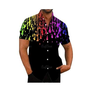 Imagem de Camisa Casual Vintage Havaiana Masculina Com Estampa Floral Arco-Íris 