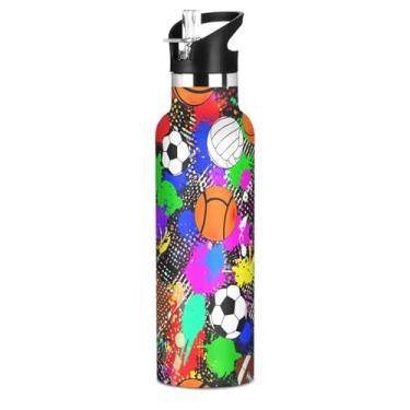 Imagem de TSENQUE Garrafa de água esportiva infantil de aço inoxidável com impressão de basquete parede dupla isolada a vácuo 600 ml