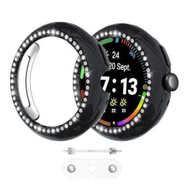 Imagem de Wugongyan Pacote com 2 capas para Google Pixel Watch 4 41M – Charge com capa em diamante de cristal de linha única brilhante rígida PC protetor de borda para Pixel Watch 4 (preto + transparente)