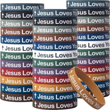 Imagem de 36 pulseiras de silicone Jesus Loves You para estudantes, pulseiras de borracha inspiradoras coloridas, prêmios/presentes de sala de aula para estudantes. Artigos de festa, presentes de aniversário