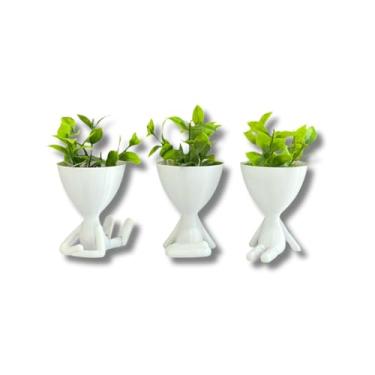 Imagem de Kit com 3 Vasinhos Decorativos COM Planta Artificial Efeite Plástico para Banheiro Sala Mesa 8cm(Branco)
