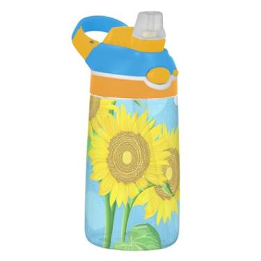 Imagem de Garrafa de água infantil Tritan de 473 ml com tampa de canudo à prova de vazamento, garrafa de água esportiva para escola, portátil, copo de viagem infantil de 473 ml, alça de transporte, girassóis