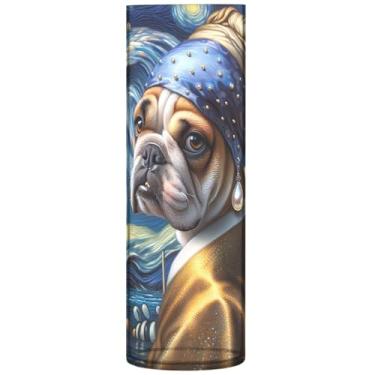 Imagem de Buldogue com brinco de pérola, vaso de flores, vasos e plantadores de plástico decorativos, decorações de outono personalizadas para casa, 30 cm x 9,9 cm