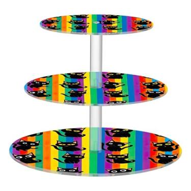 Imagem de Gatos fofos pretos coloridos arco-íris 3 camadas suporte para cupcake chá festa acrílico copo bolo torre aniversário sobremesa suportes decorações de mesa para festa lanche