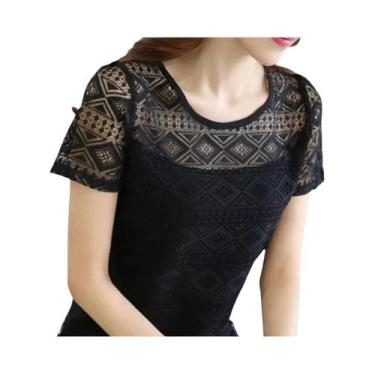 Imagem de Blusa Feminina Branca Slim Fit De Verão Em Chiffon Com Renda Crochê Es