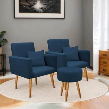 Imagem de Poltrona Decorativa com Puff Sala | Estofada em Suede, Pé Palito Madeira, Conforto e Design Moderno(Azul Marinho)