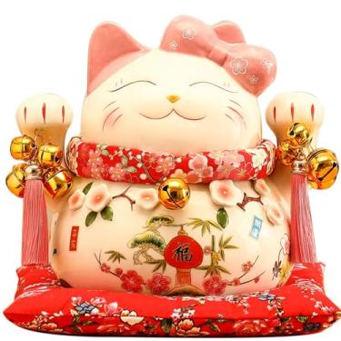 Imagem de FENNYYAR Ornamento de cerâmica Maneki Neko com laço rosa flor de pêssego com caixa de presente, 25 cm, 24,6 cm, decoração de presente de ano novo