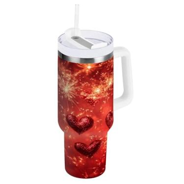 Imagem de Blueangle Copo isolado de fogos de artifício dos namorados de 850 g com alça e tampa de palha, caneca de viagem reutilizável de aço inoxidável (258)