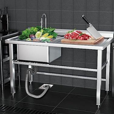 Imagem de Pia de aço inoxidável independente, pia de tigela única grande, com pia de cozinha de bancada de trabalho, pia de restaurante comercial, com torneira e drenagem, lavatório de mão de preparação e