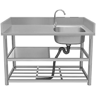 Imagem de Pia de aço inoxidável independente com bancada e prateleiras de armazenamento, lavatório utilitário de lavagem, pia de restaurante comercial, pia de catering de cozinha comercial (120 cm/47,2 pol