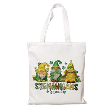 Imagem de Bolsa de compras de lona para o Dia de São Patrício, estampa de gnomo do esquadrão Shenanigans, sacola de compras de lona reutilizável divertida para presente irlandês