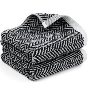 Imagem de Cleanbear Toalhas de mão pretas, pacote com 2, toalhas de mão de algodão espinha de peixe para banheiro e cozinha, secagem rápida e pouco fiapos, macias e absorventes, leves, 35 x 73 cm, decoração