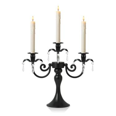 Imagem de KEHAIL Candelabro de metal de 3 braços com pingentes de cristal - Castiçais de 29 cm de altura, conjunto de 2 - Suporte de castiçal cônico elegante para casamento, mesa de jantar, decoração de casa de