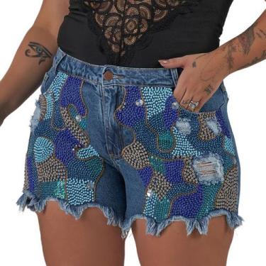 Imagem de Short Jeans Plus Size Com Bordado Manual Em Pedrarias - Tr Brand, Jean