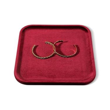 Imagem de Dansmiy Bandeja de exibição de joias de veludo resiliente para anel, brincos, pulseira, colar, prato de joias plano para vitrine, loja, balcão, exposição, fotografia, transmissão ao vivo (vermelho