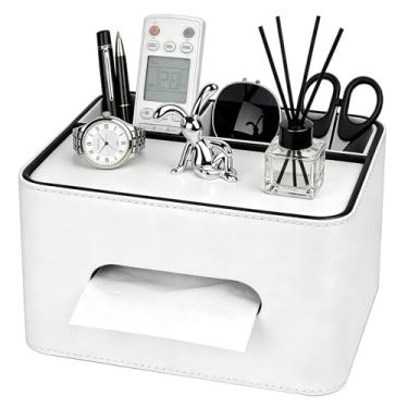 Imagem de Capa retangular de caixa de lenços de couro PU - Suporte multifuncional para caixa de lenços com armazenamento, organizador de lenços e controle remoto com compartimentos para mesa de cabeceira, mesa