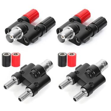 Imagem de BNC fêmea para 2 × 4 mm soquete fêmea banana dupla borne de encadernação adaptador conector divisor coaxial RF pacote com 4, conector BNC banana para antenas de rádio HF osciloscópio DVM equipamento