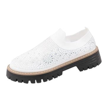 Imagem de Sapatos femininos de salto médio, bico redondo, respirável com strass, casual, malha confortável, Branco, 35