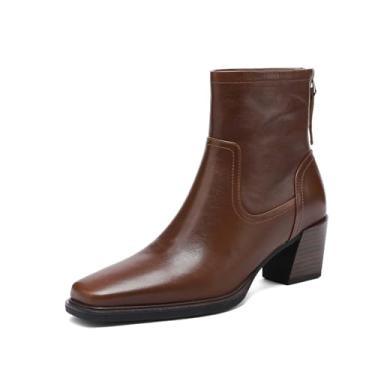 Imagem de TinaCus Bota feminina de cano curto, de couro legítimo, feita à mão, bico quadrado, para festa à moda, Marrom, 37