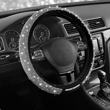 Imagem de Skechers Capa de volante feminina brilhante, couro com strass de cristal brilhante, presente interior de carro elegante, ajuste universal 35,5 cm 1/5.1-38.1 cm para carros, SUVs, caminhões, diamante