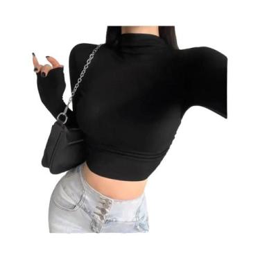 Imagem de Camiseta Cropped Feminina De Manga Longa Com Gola Alta Em Malha Canela